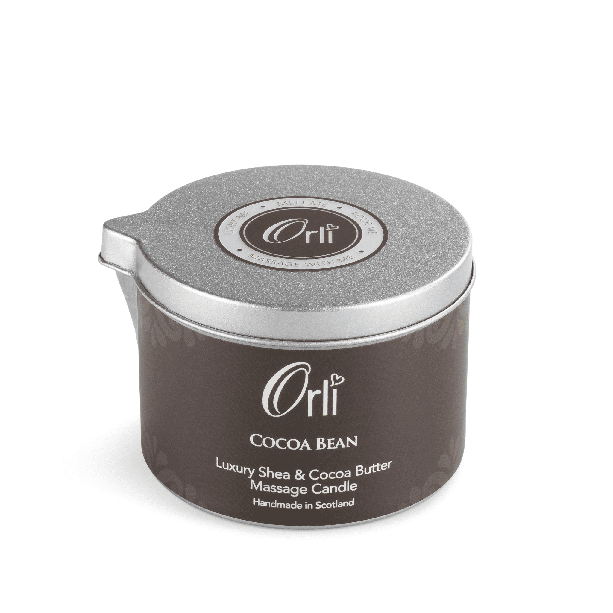 Cocoa bean massage candle melted oil texture and warm chocolate spa ambience