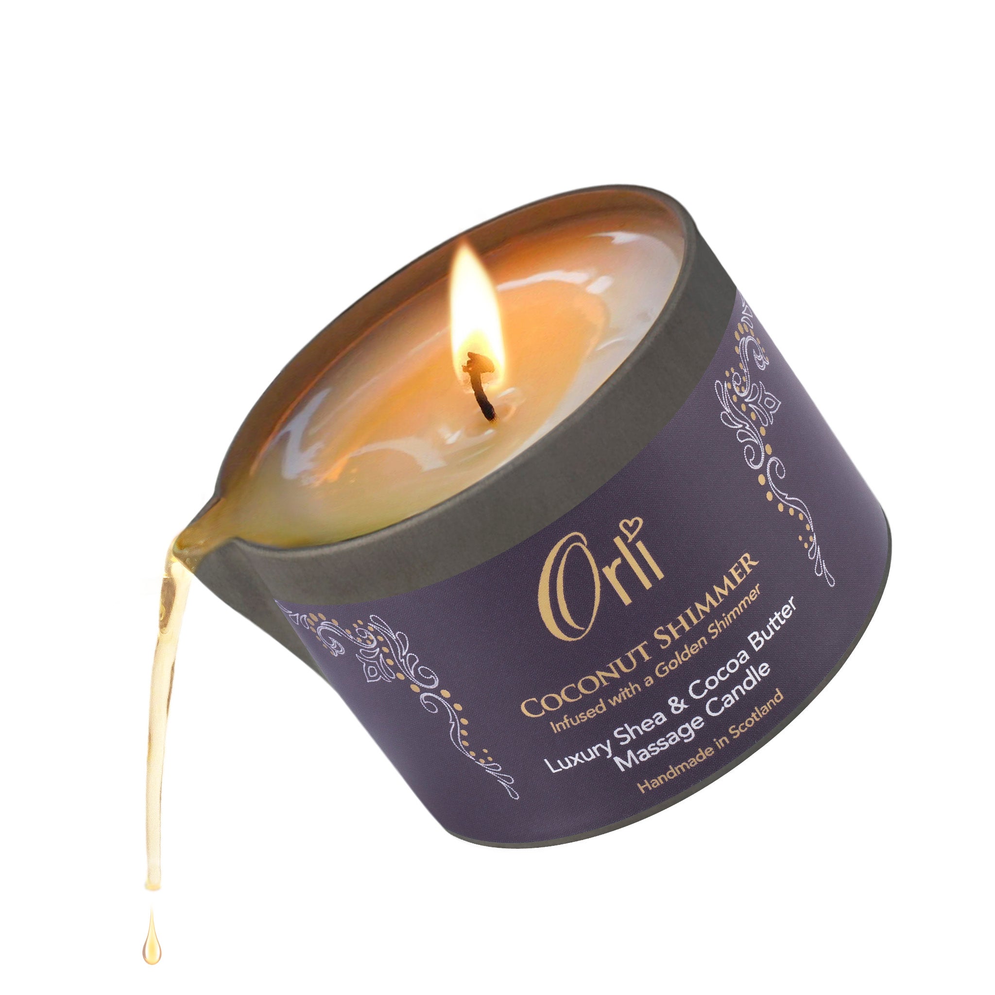 Coconut shimmer massage candle for nourishing skin and radiant glowing spa treatments