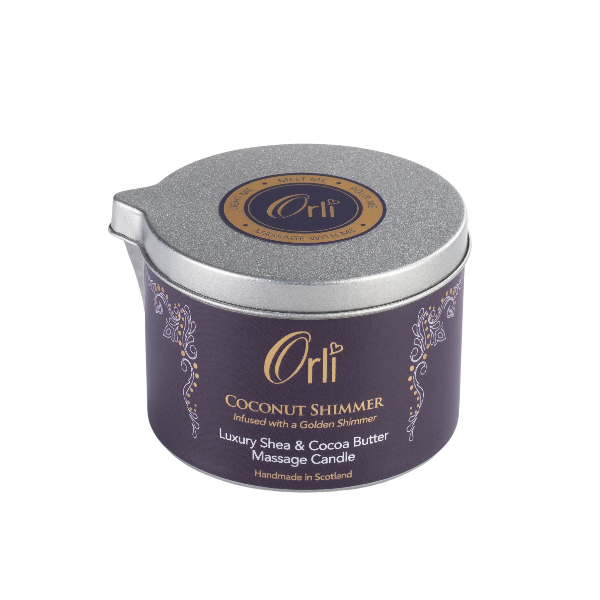 Coconut shimmer massage candle melted oil texture and light reflecting shimmer detail