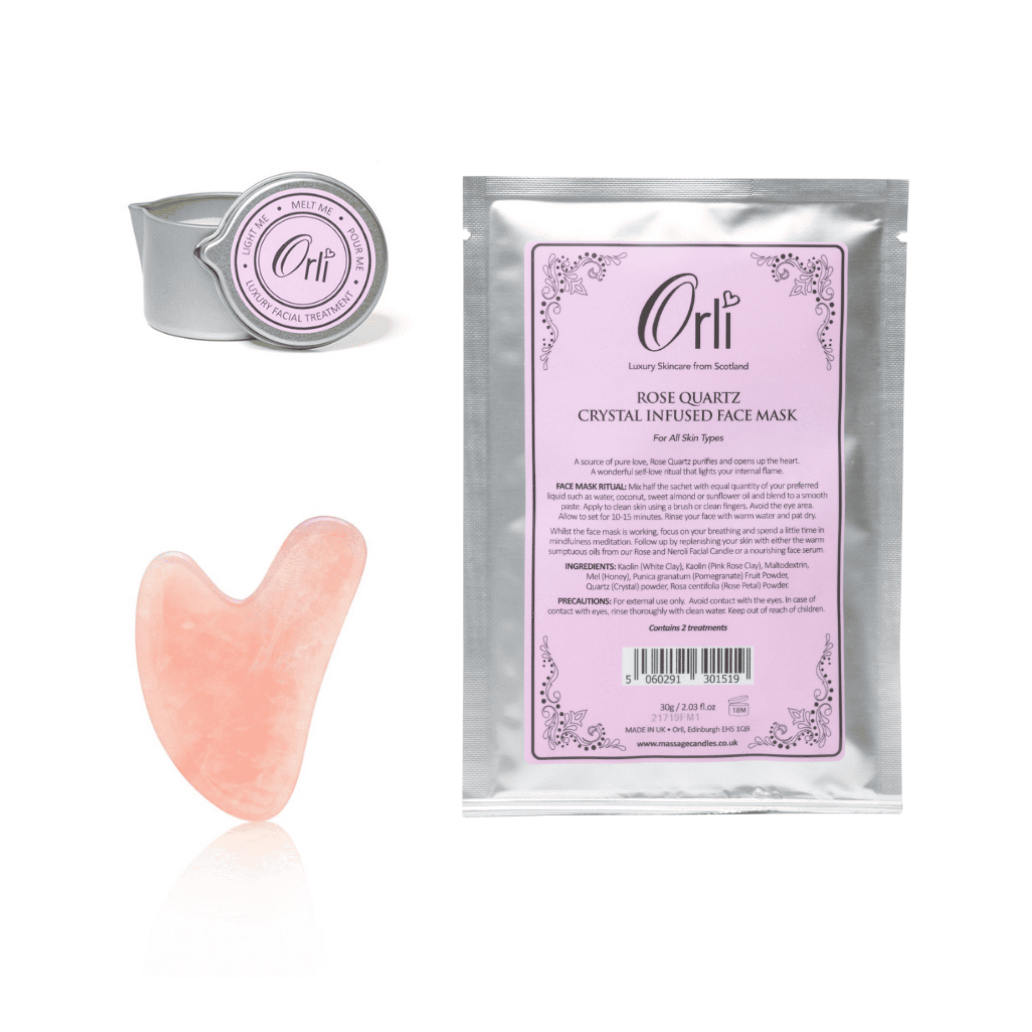 Rose quartz crystal facial collection with gua sha tools for professional skincare and facial treatments
