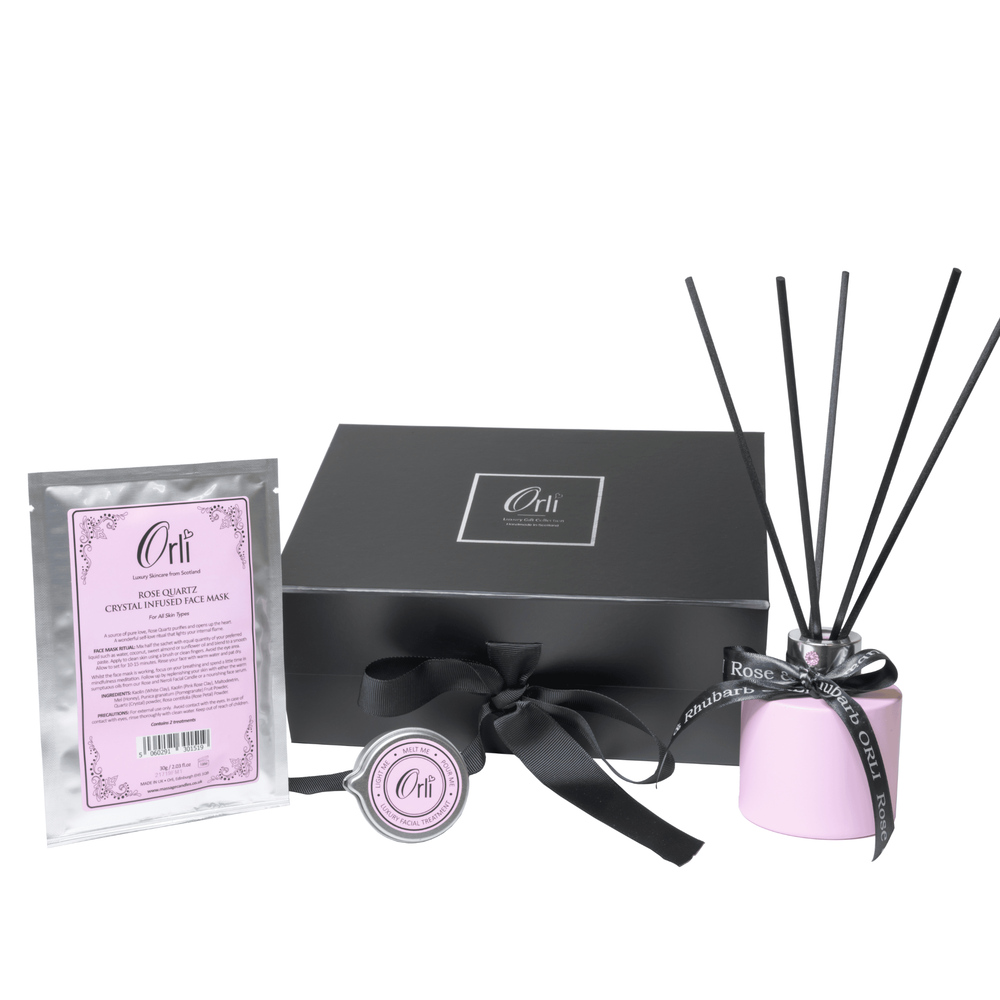 Rose and rhubarb luxury gift box with fragrance products for indulgent self care and gifting